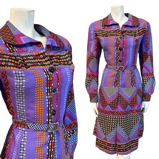 VTG 70S PURPLE RED BLACK ORANGE GEOMETRIC DOTTY PETER PAN BELT SHIRT DRESS 10