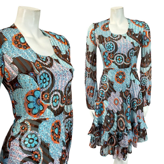 VTG 60S 70S BLUE ORANGE BROWN DOTTY FLORAL STRIPED RUFFLE A LINE DRESS 6 8