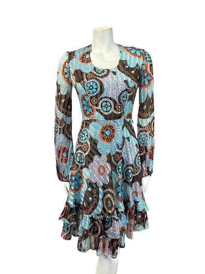 VTG 60S 70S BLUE ORANGE BROWN DOTTY FLORAL STRIPED RUFFLE A LINE DRESS 6 8