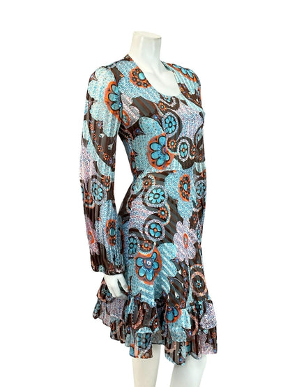 VTG 60S 70S BLUE ORANGE BROWN DOTTY FLORAL STRIPED RUFFLE A LINE DRESS 6 8