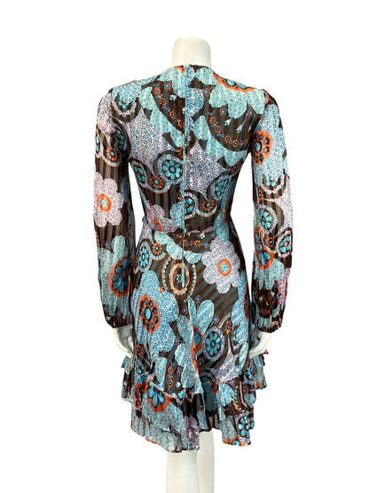 VTG 60S 70S BLUE ORANGE BROWN DOTTY FLORAL STRIPED RUFFLE A LINE DRESS 6 8