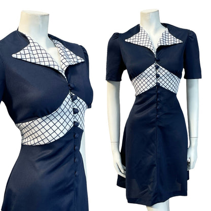 VTG 60S 70S NAVY BLUE WHITE GRID MOD GEOMETRIC NAUTICAL DAGGER SHIRT DRESS 10 12
