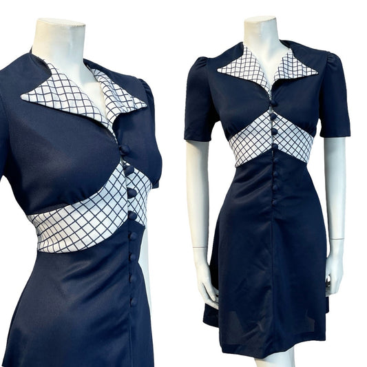 VTG 60S 70S NAVY BLUE WHITE GRID MOD GEOMETRIC NAUTICAL DAGGER SHIRT DRESS 10 12
