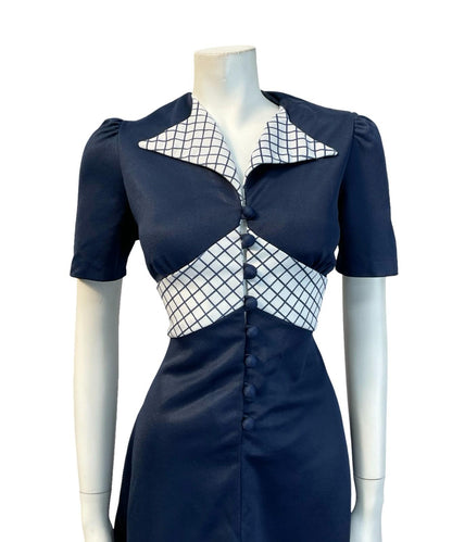VTG 60S 70S NAVY BLUE WHITE GRID MOD GEOMETRIC NAUTICAL DAGGER SHIRT DRESS 10 12