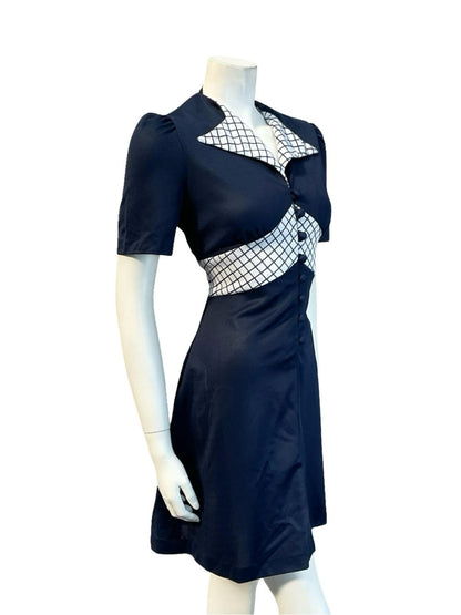 VTG 60S 70S NAVY BLUE WHITE GRID MOD GEOMETRIC NAUTICAL DAGGER SHIRT DRESS 10 12