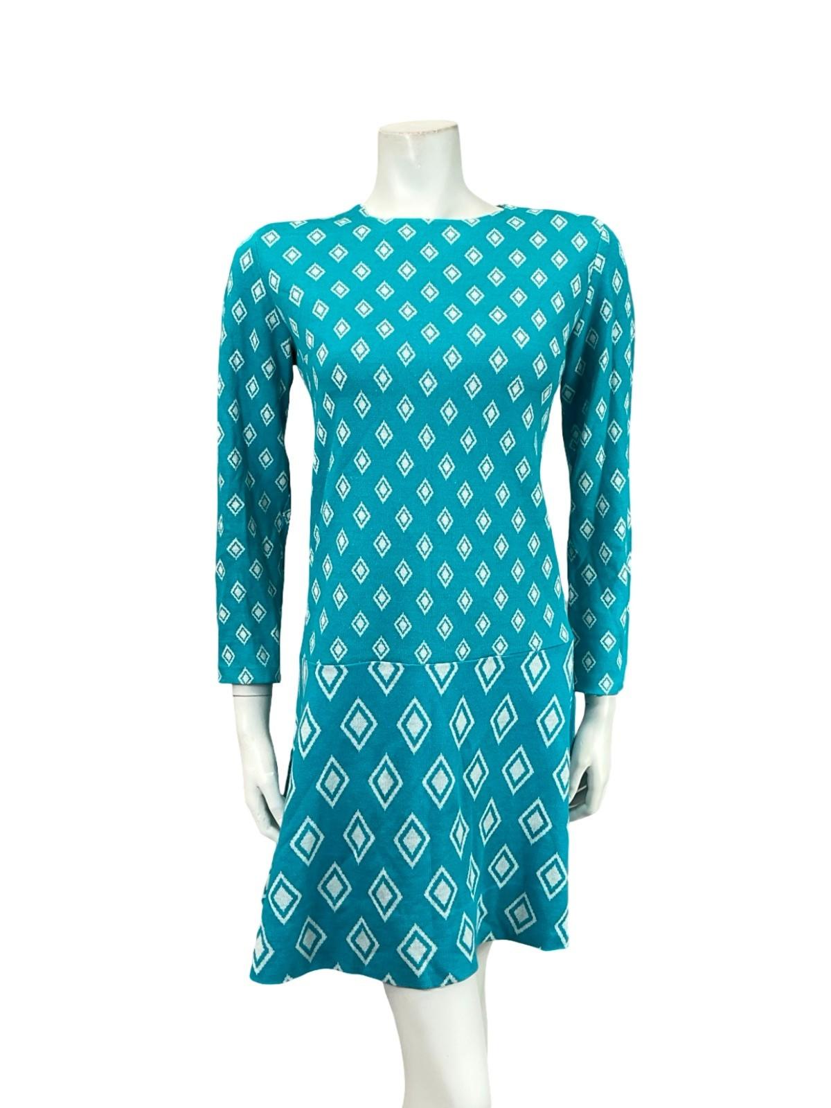 VTG 60S MOD GEOMETRIC BLUE WHITE DIAMOND DROPPED WAIST MINI DRESS 8 10 S