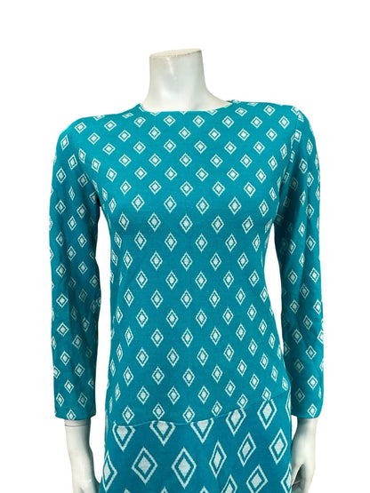 VTG 60S MOD GEOMETRIC BLUE WHITE DIAMOND DROPPED WAIST MINI DRESS 8 10 S