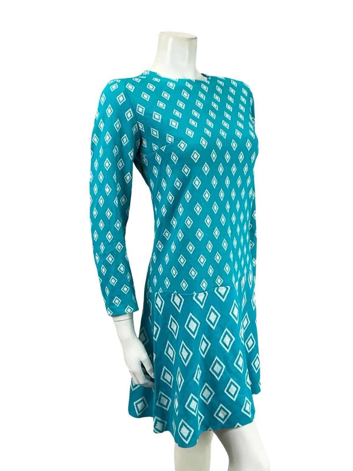 VTG 60S MOD GEOMETRIC BLUE WHITE DIAMOND DROPPED WAIST MINI DRESS 8 10 S