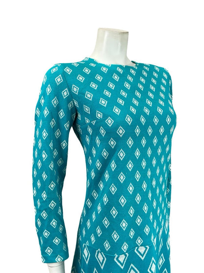 VTG 60S MOD GEOMETRIC BLUE WHITE DIAMOND DROPPED WAIST MINI DRESS 8 10 S