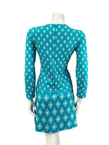 VTG 60S MOD GEOMETRIC BLUE WHITE DIAMOND DROPPED WAIST MINI DRESS 8 10 S