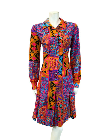 VTG 70S LUCIE LINDEN PINK PURPLE ORANGE BLUE PSYCHEDELIC PLEATED SHIRT DRESS 14