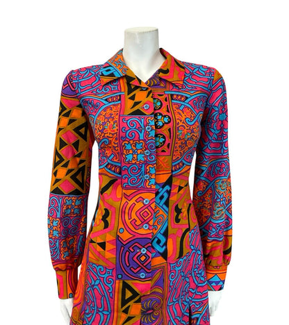 VTG 70S LUCIE LINDEN PINK PURPLE ORANGE BLUE PSYCHEDELIC PLEATED SHIRT DRESS 14