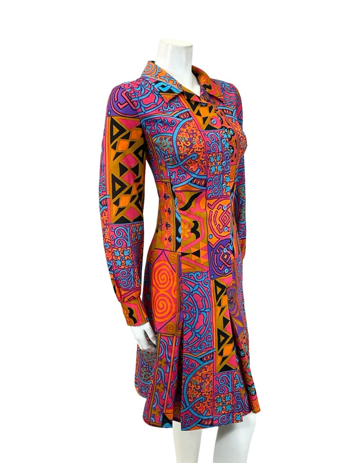 VTG 70S LUCIE LINDEN PINK PURPLE ORANGE BLUE PSYCHEDELIC PLEATED SHIRT DRESS 14