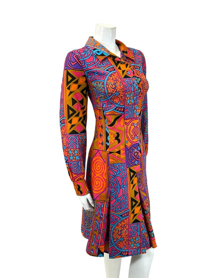 VTG 70S LUCIE LINDEN PINK PURPLE ORANGE BLUE PSYCHEDELIC PLEATED SHIRT DRESS 14