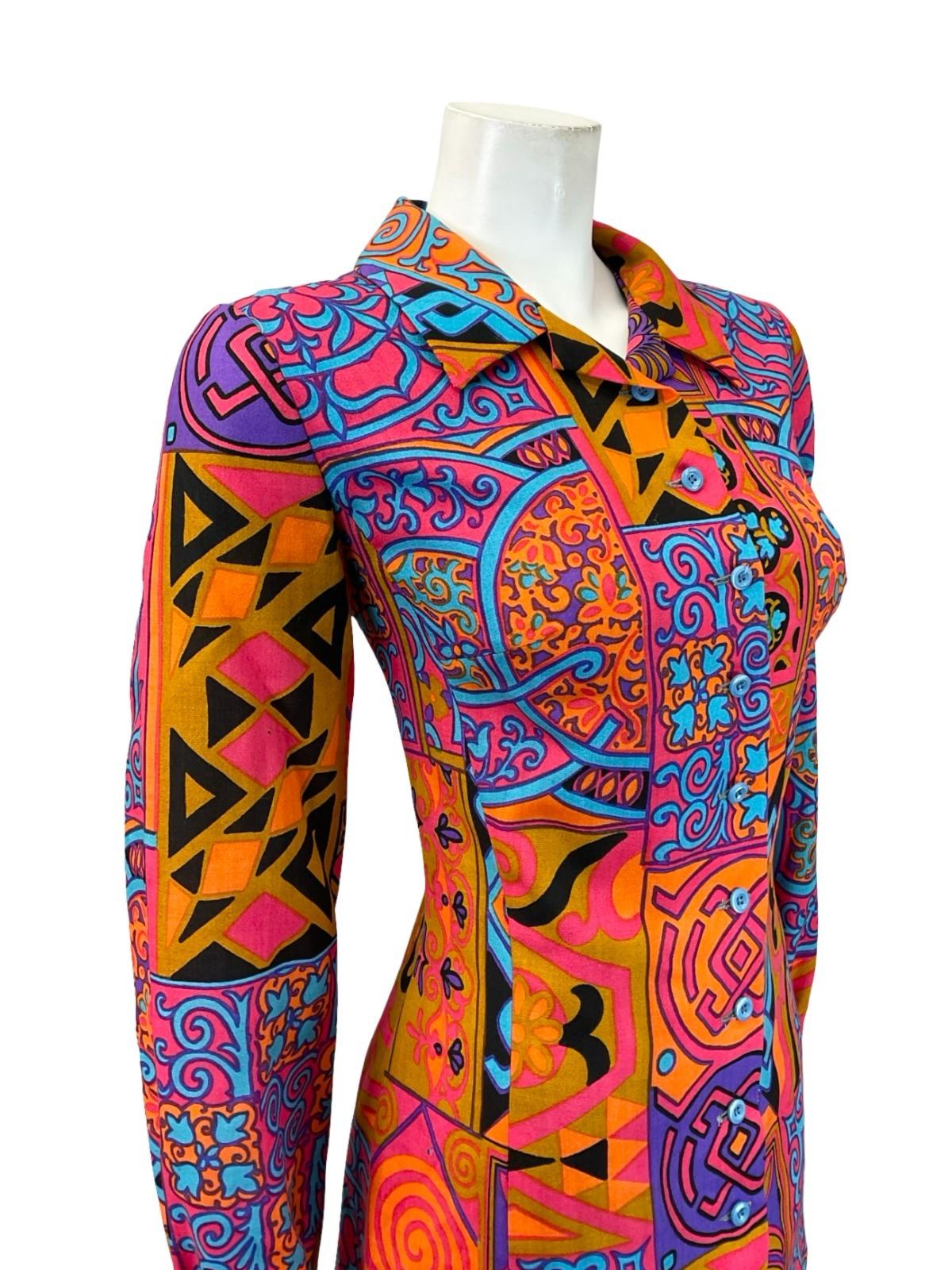 VTG 70S LUCIE LINDEN PINK PURPLE ORANGE BLUE PSYCHEDELIC PLEATED SHIRT DRESS 14