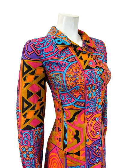 VTG 70S LUCIE LINDEN PINK PURPLE ORANGE BLUE PSYCHEDELIC PLEATED SHIRT DRESS 14