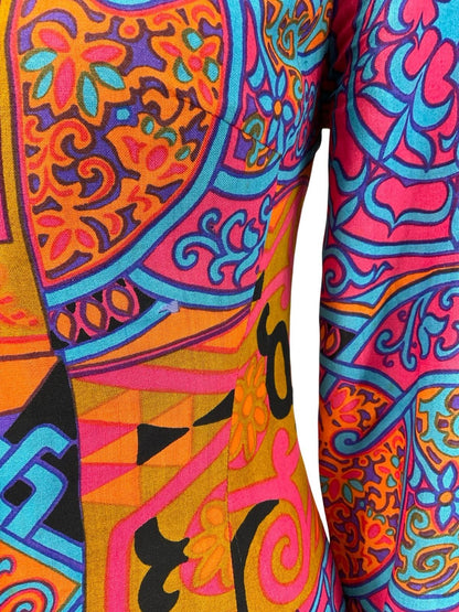 VTG 70S LUCIE LINDEN PINK PURPLE ORANGE BLUE PSYCHEDELIC PLEATED SHIRT DRESS 14