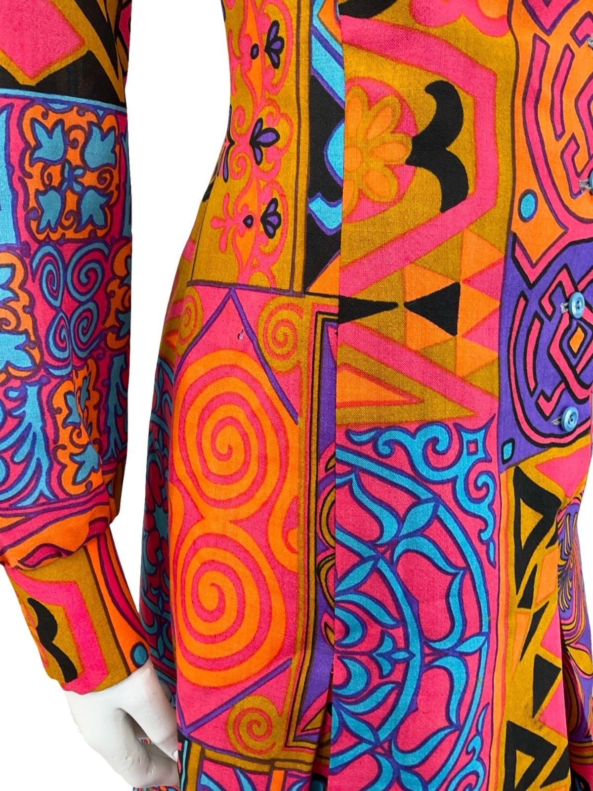 VTG 70S LUCIE LINDEN PINK PURPLE ORANGE BLUE PSYCHEDELIC PLEATED SHIRT DRESS 14