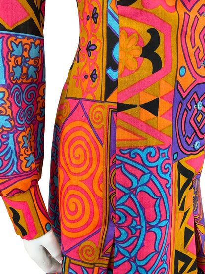 VTG 70S LUCIE LINDEN PINK PURPLE ORANGE BLUE PSYCHEDELIC PLEATED SHIRT DRESS 14