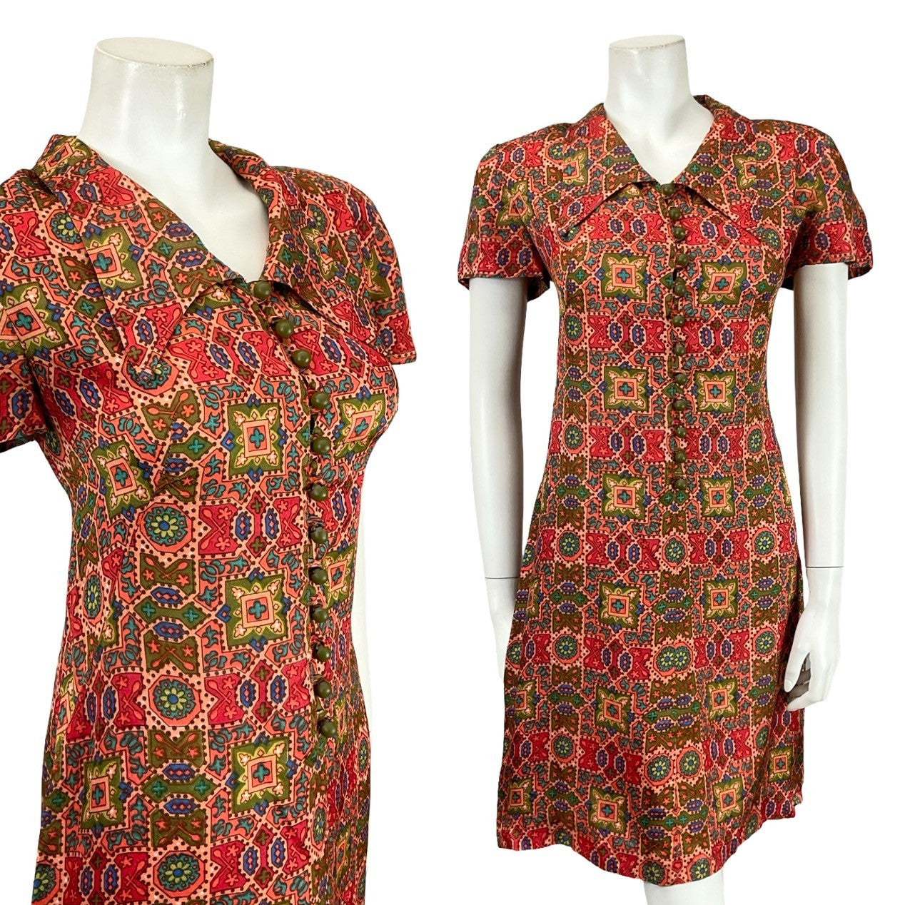VTG 60S PINK GREEN BLUE GEOMETRIC TILE PRINT DAGGER COLLAR SHIFT DRESS 12