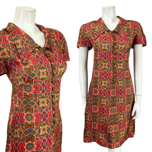 VTG 60S PINK GREEN BLUE GEOMETRIC TILE PRINT DAGGER COLLAR SHIFT DRESS 12