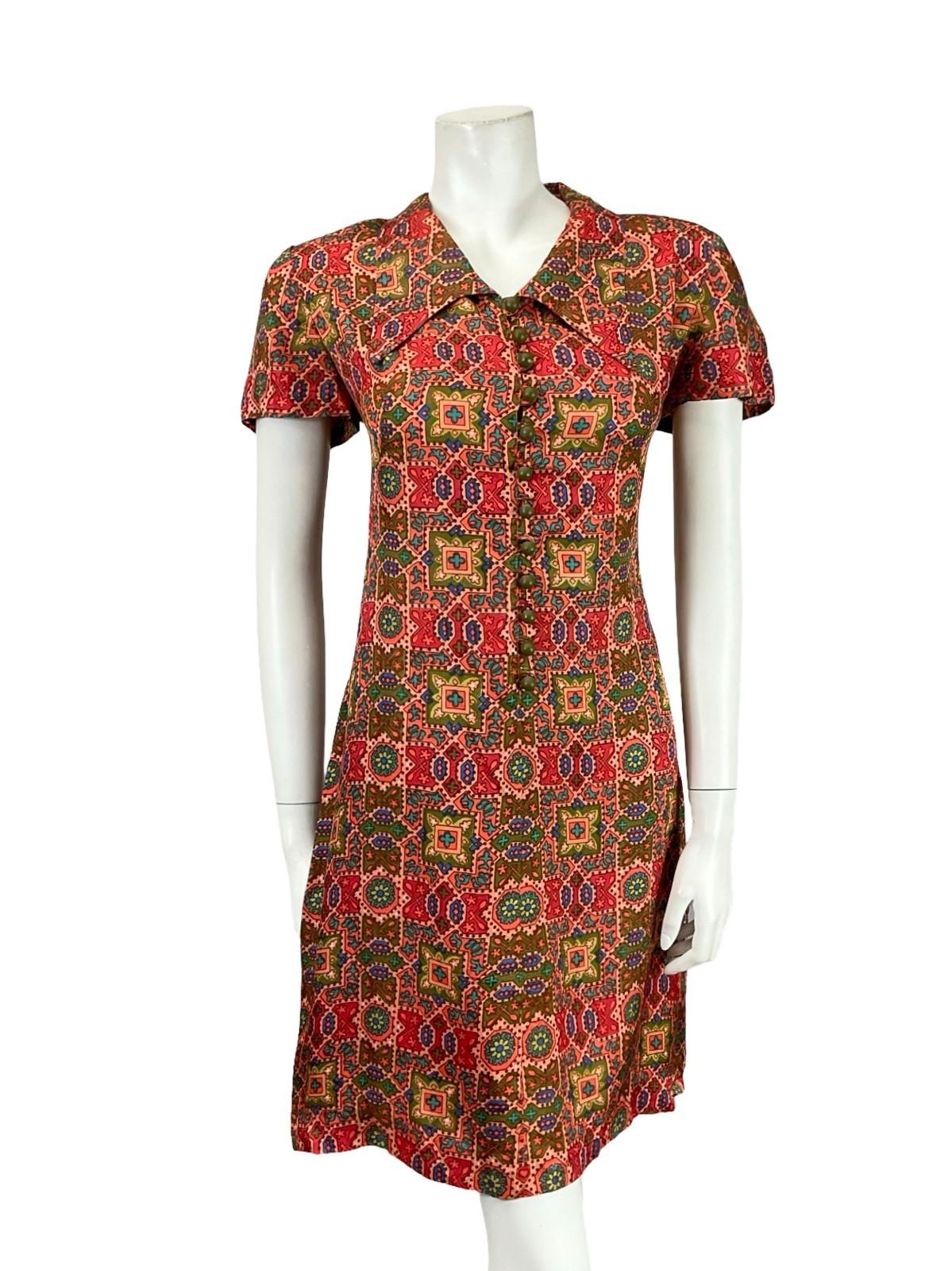 VTG 60S PINK GREEN BLUE GEOMETRIC TILE PRINT DAGGER COLLAR SHIFT DRESS 12