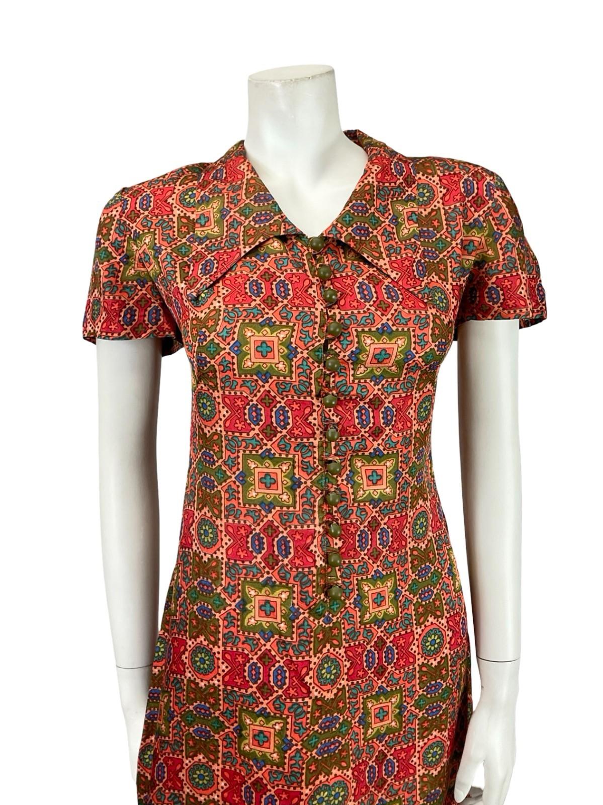 VTG 60S PINK GREEN BLUE GEOMETRIC TILE PRINT DAGGER COLLAR SHIFT DRESS 12