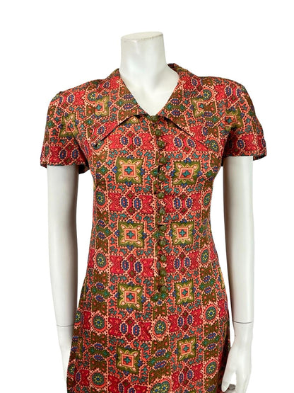 VTG 60S PINK GREEN BLUE GEOMETRIC TILE PRINT DAGGER COLLAR SHIFT DRESS 12