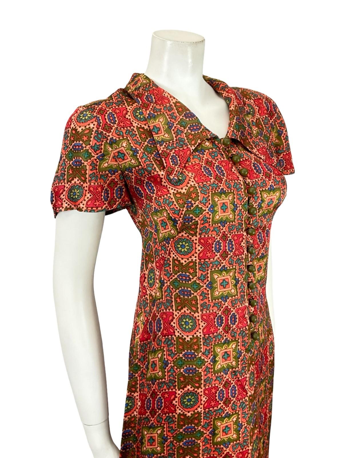 VTG 60S PINK GREEN BLUE GEOMETRIC TILE PRINT DAGGER COLLAR SHIFT DRESS 12