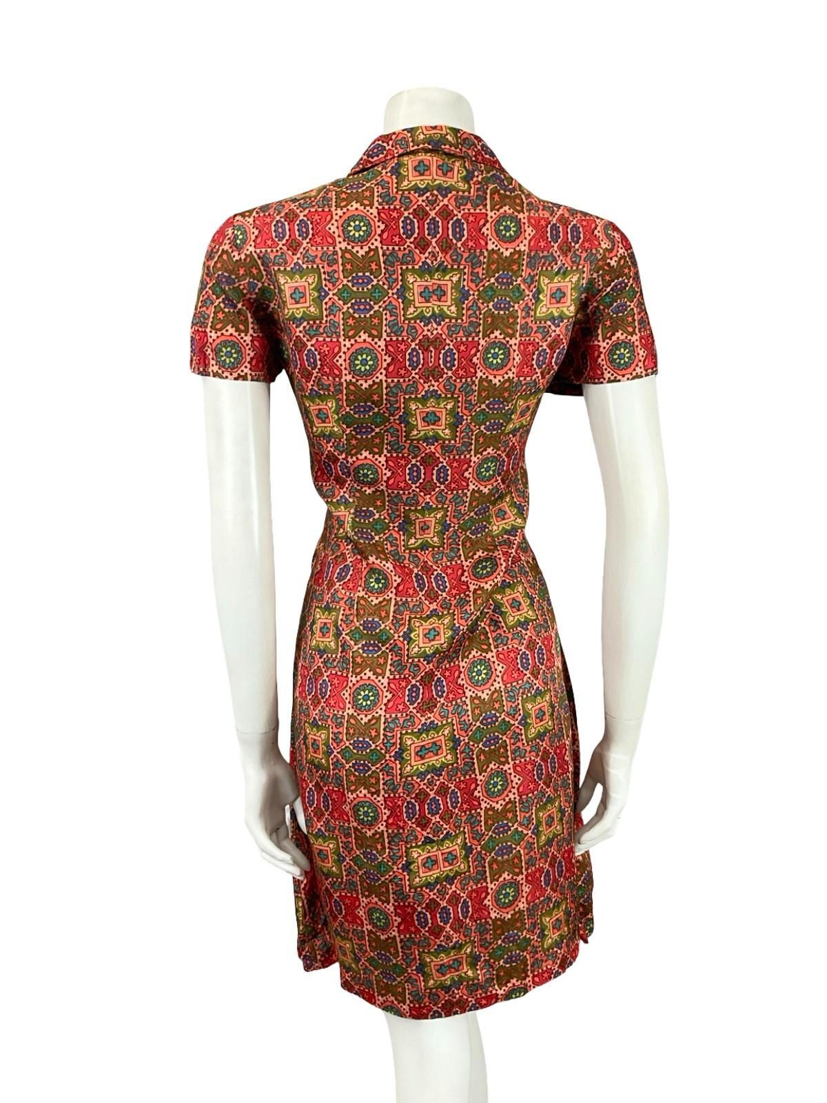 VTG 60S PINK GREEN BLUE GEOMETRIC TILE PRINT DAGGER COLLAR SHIFT DRESS 12