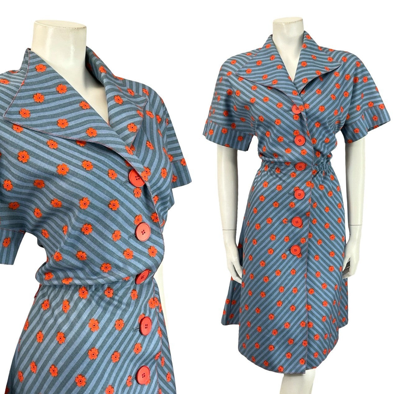 VTG 70S BLUE RED STRIPED DENIM FLORAL A LINE BLOUSON ROCKABILLY SHIRT DRESS 10