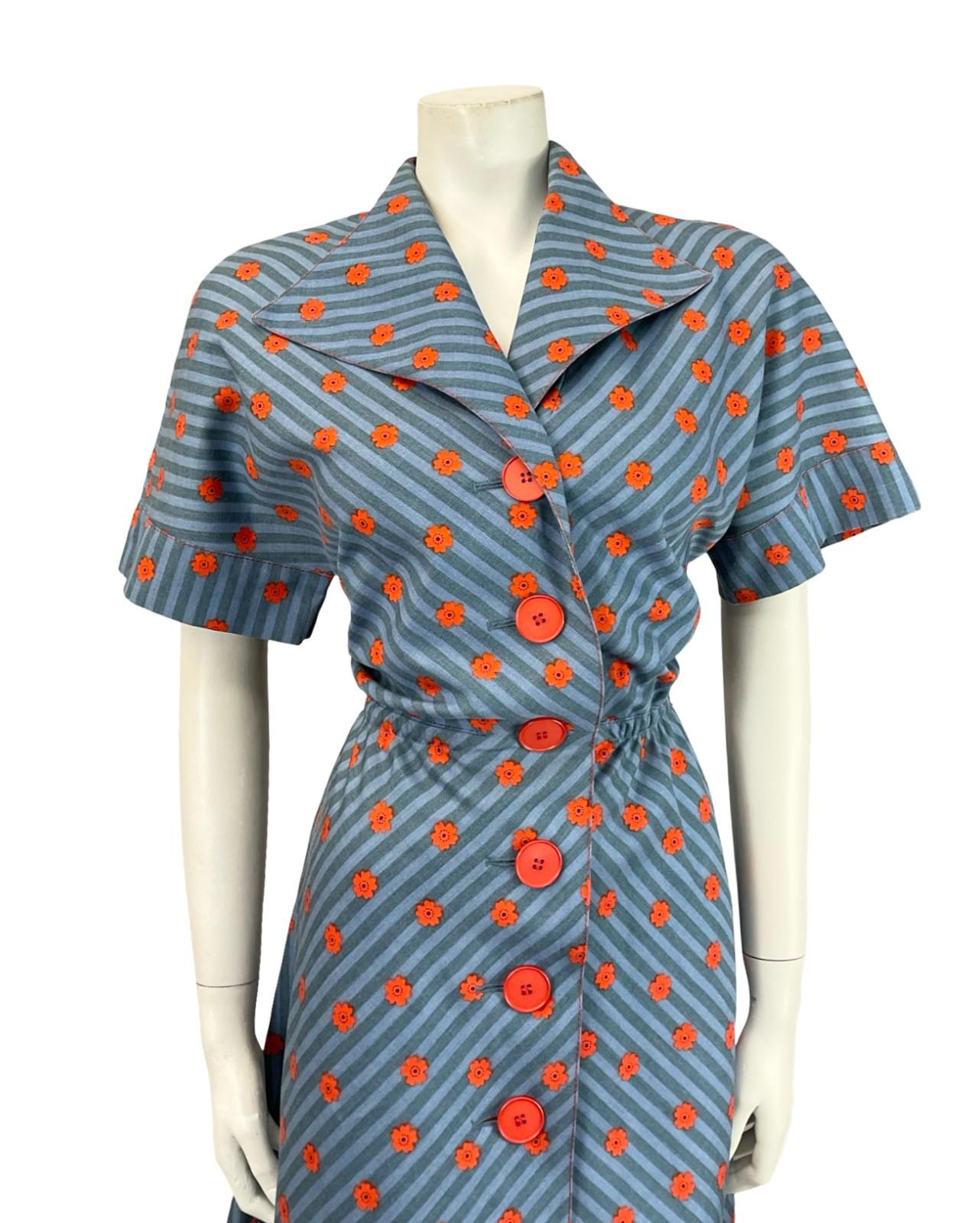 VTG 70S BLUE RED STRIPED DENIM FLORAL A LINE BLOUSON ROCKABILLY SHIRT DRESS 10