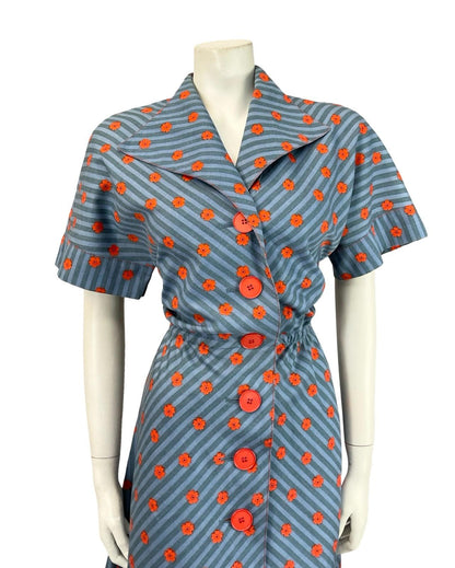 VTG 70S BLUE RED STRIPED DENIM FLORAL A LINE BLOUSON ROCKABILLY SHIRT DRESS 10