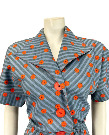 VTG 70S BLUE RED STRIPED DENIM FLORAL A LINE BLOUSON ROCKABILLY SHIRT DRESS 10