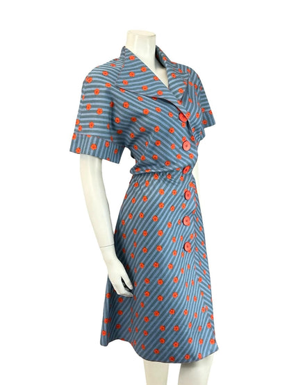 VTG 70S BLUE RED STRIPED DENIM FLORAL A LINE BLOUSON ROCKABILLY SHIRT DRESS 10