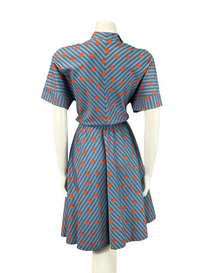 VTG 70S BLUE RED STRIPED DENIM FLORAL A LINE BLOUSON ROCKABILLY SHIRT DRESS 10