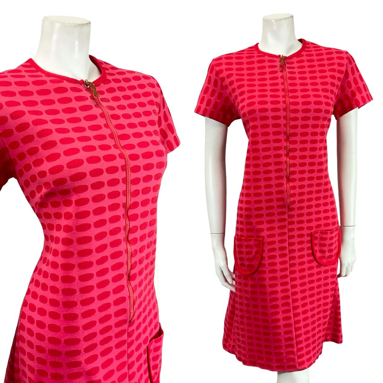 VTG 60S 70S MOD GEOMETRIC DOTTY ZIP UP HOT PINK RED MIDI DRESS 12