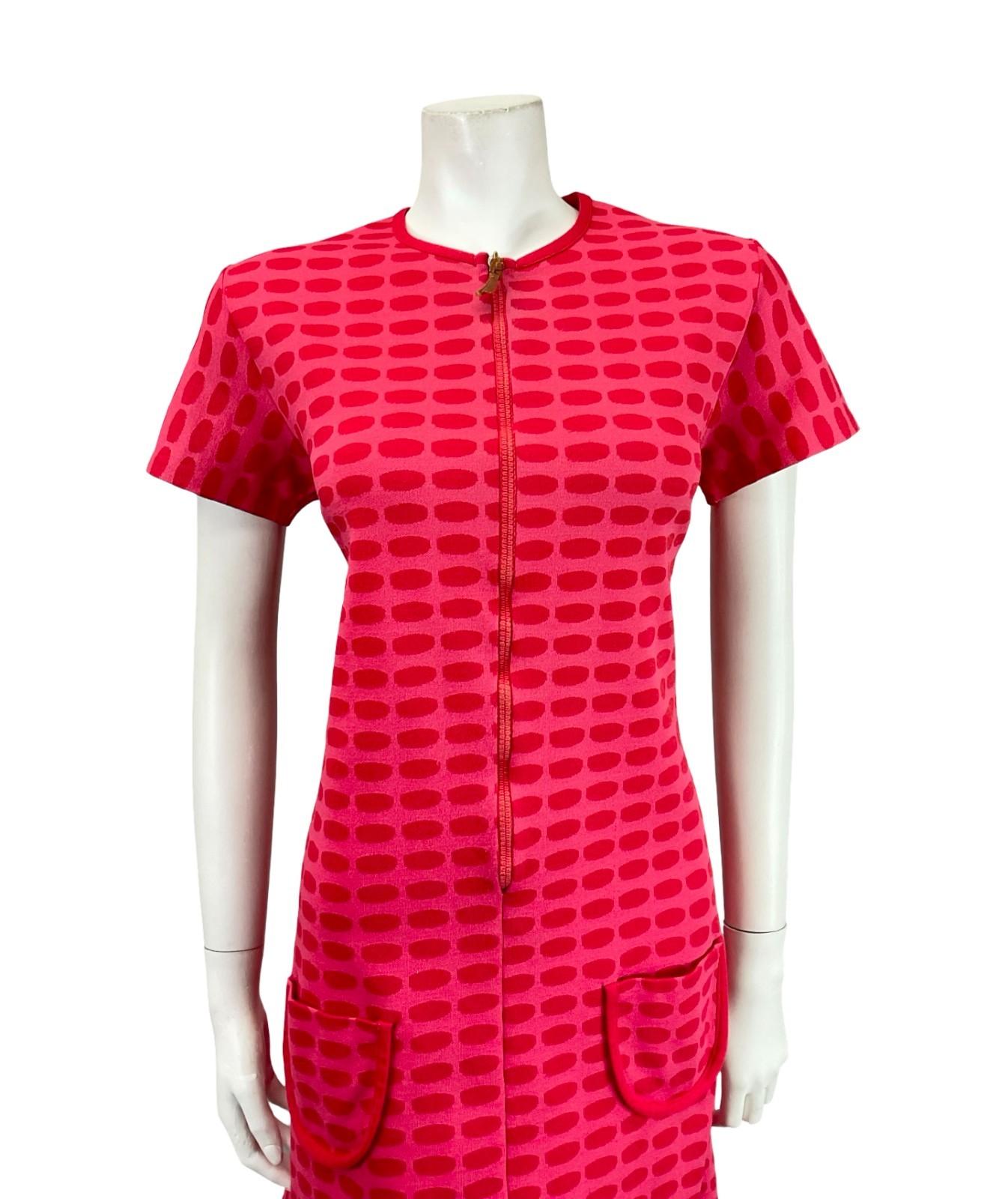 VTG 60S 70S MOD GEOMETRIC DOTTY ZIP UP HOT PINK RED MIDI DRESS 12