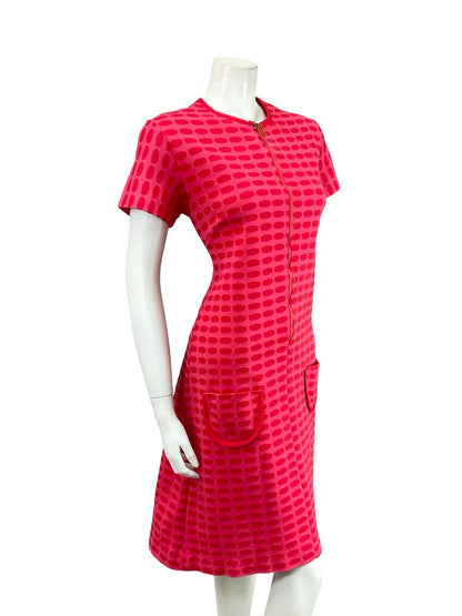 VTG 60S 70S MOD GEOMETRIC DOTTY ZIP UP HOT PINK RED MIDI DRESS 12