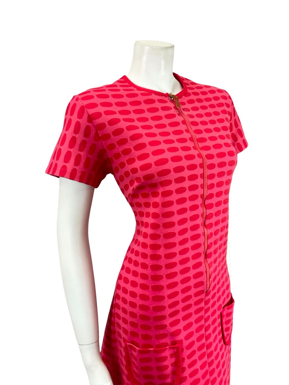 VTG 60S 70S MOD GEOMETRIC DOTTY ZIP UP HOT PINK RED MIDI DRESS 12