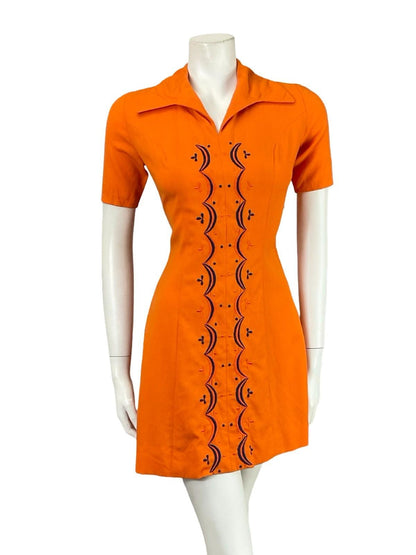 VTG 60S BRIGHT ORANGE NAVY BLUE GEOMETRIC MOD EMBROIDERED WING COLLAR DRESS 6 XS