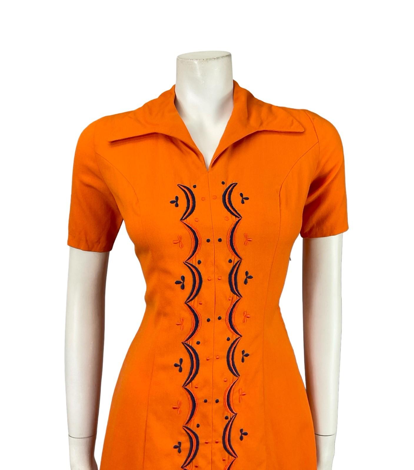 VTG 60S BRIGHT ORANGE NAVY BLUE GEOMETRIC MOD EMBROIDERED WING COLLAR DRESS 6 XS
