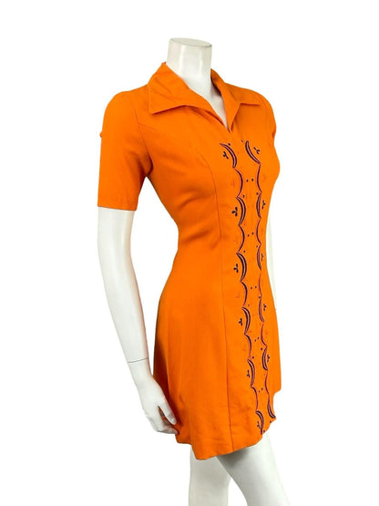 VTG 60S BRIGHT ORANGE NAVY BLUE GEOMETRIC MOD EMBROIDERED WING COLLAR DRESS 6 XS