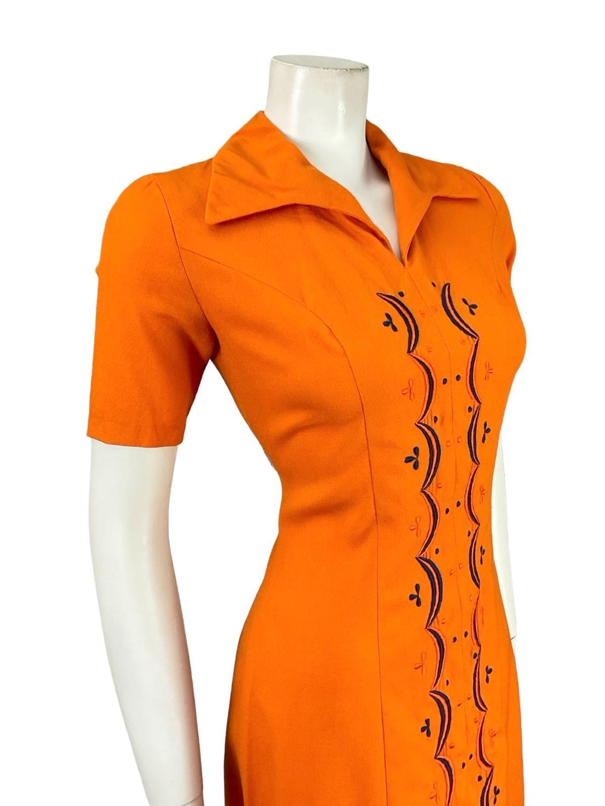 VTG 60S BRIGHT ORANGE NAVY BLUE GEOMETRIC MOD EMBROIDERED WING COLLAR DRESS 6 XS