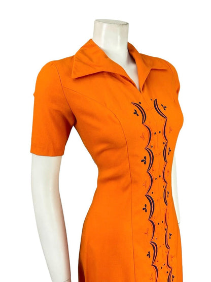 VTG 60S BRIGHT ORANGE NAVY BLUE GEOMETRIC MOD EMBROIDERED WING COLLAR DRESS 6 XS