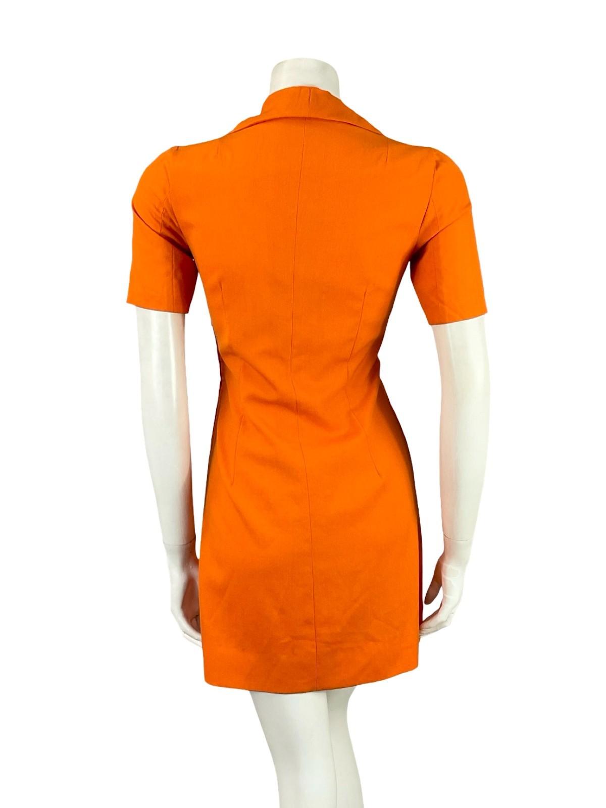 VTG 60S BRIGHT ORANGE NAVY BLUE GEOMETRIC MOD EMBROIDERED WING COLLAR DRESS 6 XS