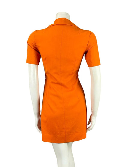 VTG 60S BRIGHT ORANGE NAVY BLUE GEOMETRIC MOD EMBROIDERED WING COLLAR DRESS 6 XS