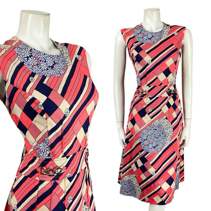 VTG 60S MOD GEOMETRIC PINK WHITE NAVY BLUE STRIPE FLORAL MIDI DRESS 12