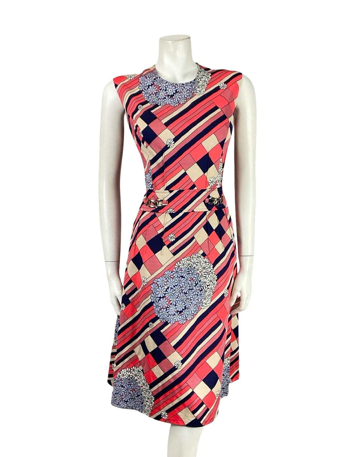 VTG 60S MOD GEOMETRIC PINK WHITE NAVY BLUE STRIPE FLORAL MIDI DRESS 12