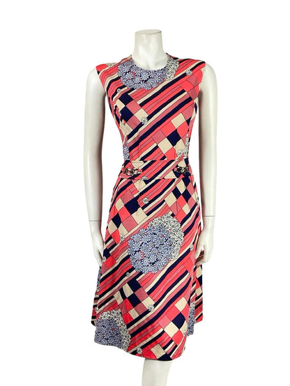 VTG 60S MOD GEOMETRIC PINK WHITE NAVY BLUE STRIPE FLORAL MIDI DRESS 12
